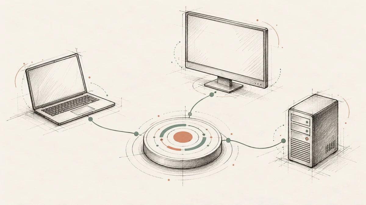 Hand-drawn sketch of a laptop, desktop, and server connected to one control hub.