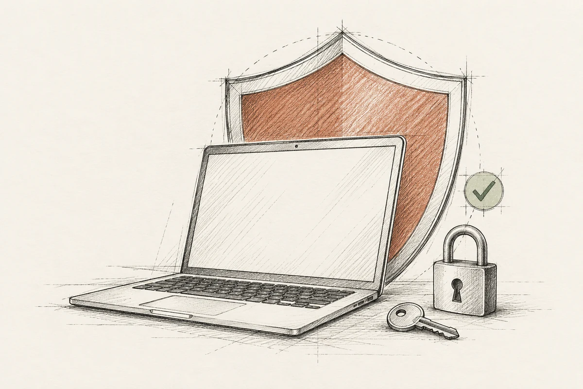 Charcoal line sketch of a laptop protected by a shield, with a lock and key.